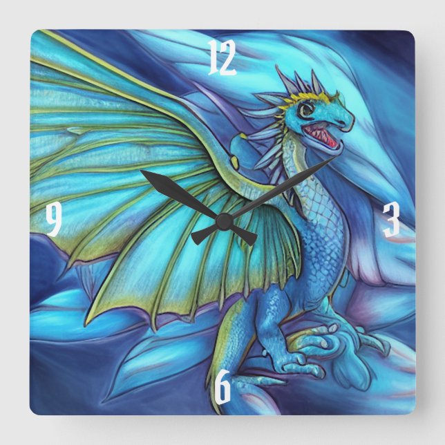 Blue and Green Dragon Square Wall Clock (Front)