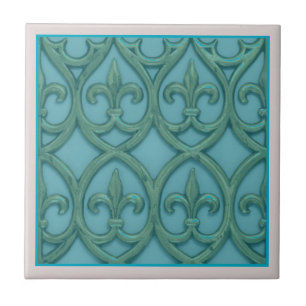 Blue And Green Fleur-de-lis Ceramic Tile