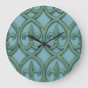 Blue And Green Fleur-de-lis Large Clock