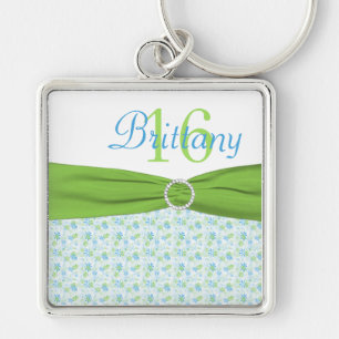 Blue and Green Floral 16 Keychain with Name