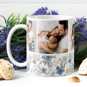 Blue and Green Floral 4 Photo Collage Custom Coffee Mug