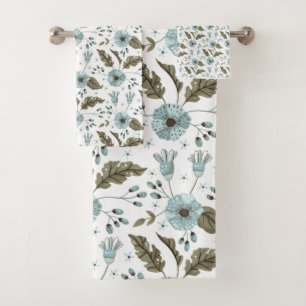 Blue and Green Floral Bath Towel Set