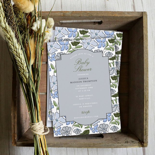 Blue and Green Floral Block Print Boy Baby Shower Invitation (Blue and Green Floral Block Print Boy Baby Shower Invitation)