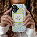 Blue and Green Floral Damask Custom Monogram iPhone 16 Case<br><div class="desc">Cute girly trendy chic retro floral damask pattern personalised with a custom preppy 3 letter monogram in contrasting square. Click the Customise It button to change monogram fonts and colours to create a unique one of a kind design.</div>