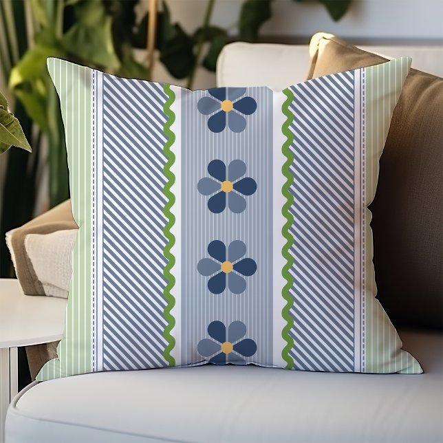 Blue and Green Floral Diagonal Stripes Cushion (Creator Uploaded)