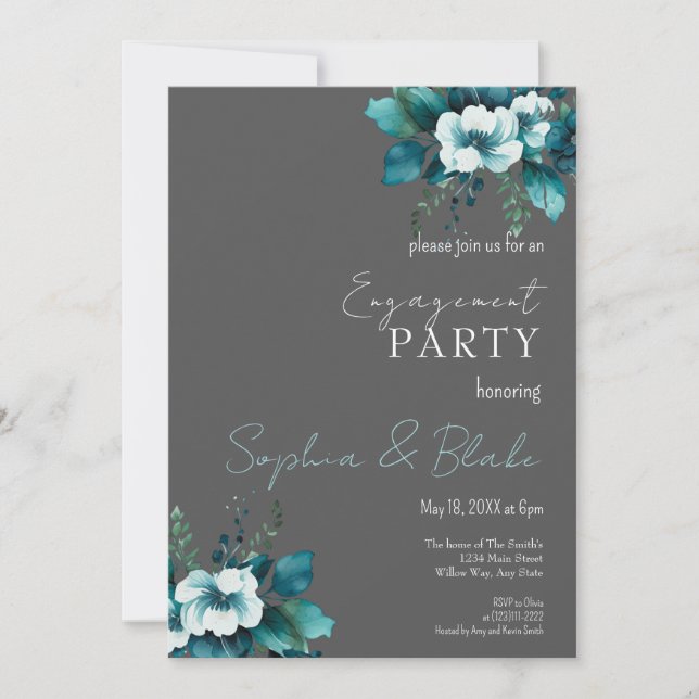 Blue and Green Floral Grey Engagement Party Invitation (Front)