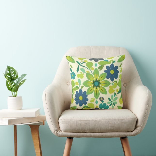 Blue and Green Floral Square Throw Pillow (Chair)