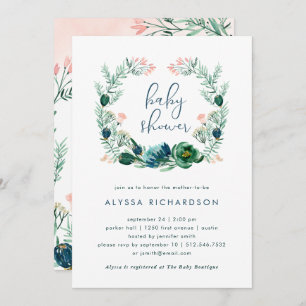 Blue and Green Floral Watercolor   Baby Shower Invitation