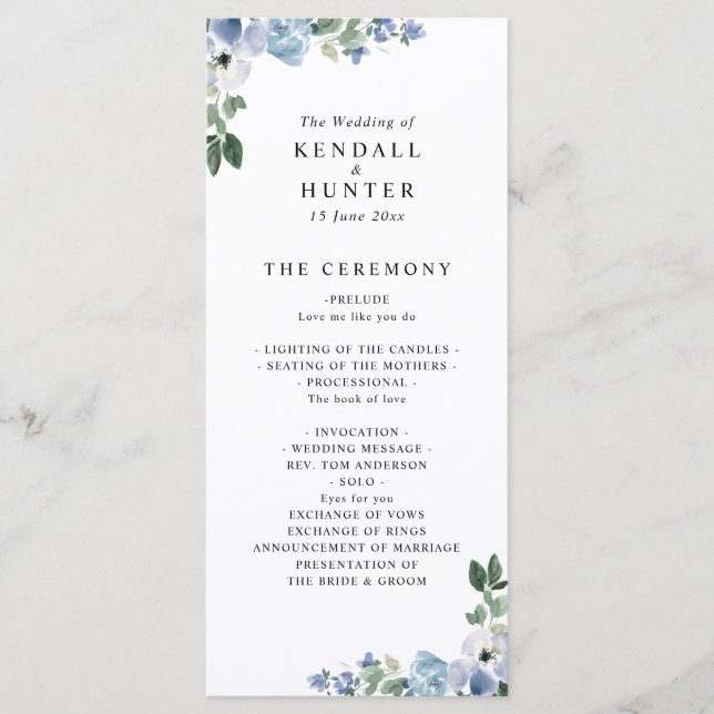 blue and green floral wedding program (Front)