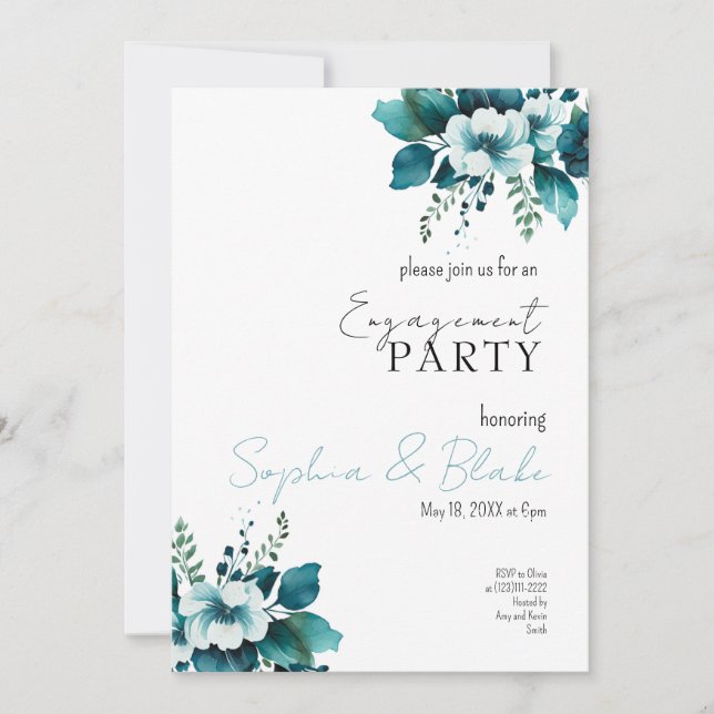 Blue and Green Floral White Engagement Party Invitation (Front)