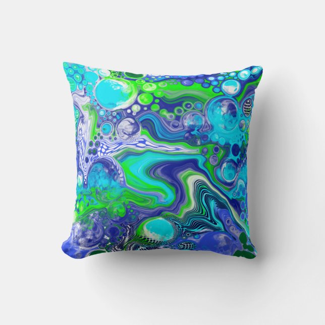 Blue and Green Fluid Art Pour Painting Effect Cushion (Front)