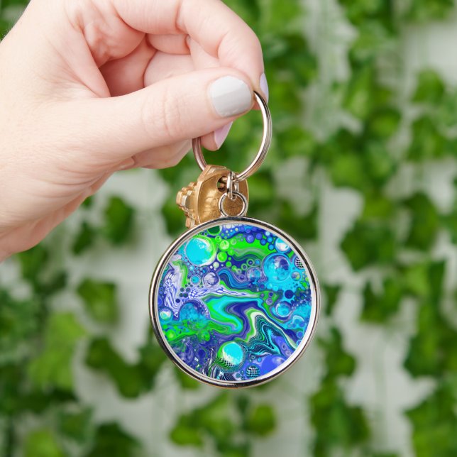 Blue and Green Fluid Art Pour Painting Effect Key Ring (Hand)