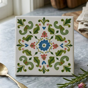 Blue and Green Folk Art Floral Decorative Ceramic Tile