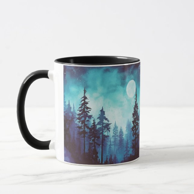 Blue and Green Forest Full Moon Fantasy Halloween Mug (Left)