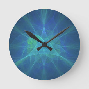 Blue And Green Fractal Round Clock