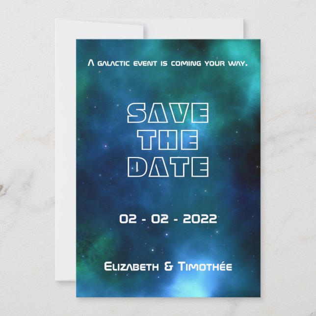 Blue and Green Galaxy Wedding Save The Date (Front)