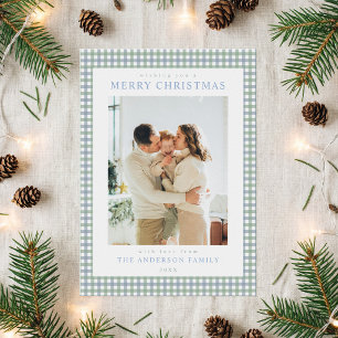 Blue and Green Gingham Christmas Photo Holiday Card