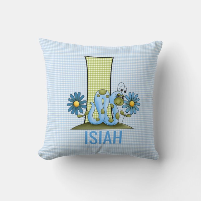Blue and Green Gingham Letter I Inchworm Cushion (Front)