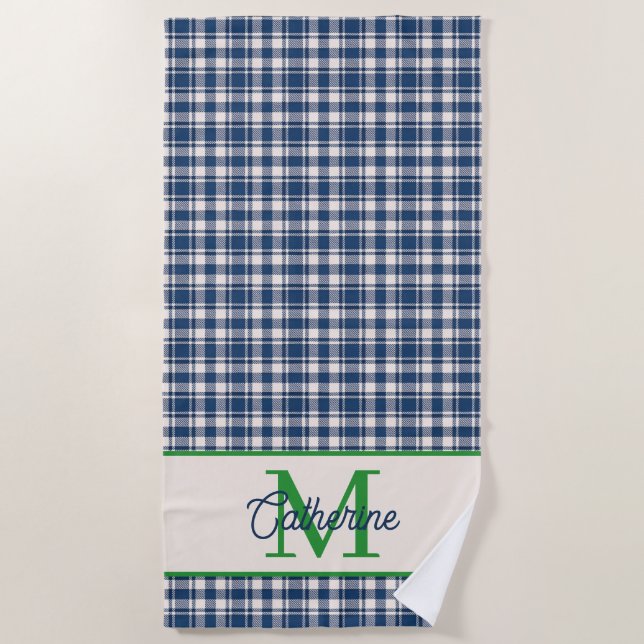Blue and Green Gingham Plaid Tartan Monogram Beach Towel (Front)