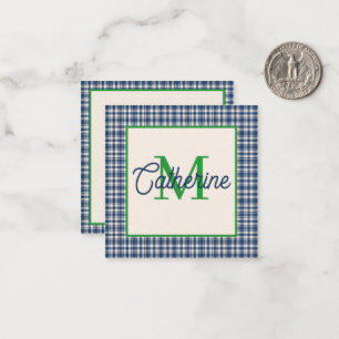 Blue and Green Gingham Plaid Tartan Monogram Card