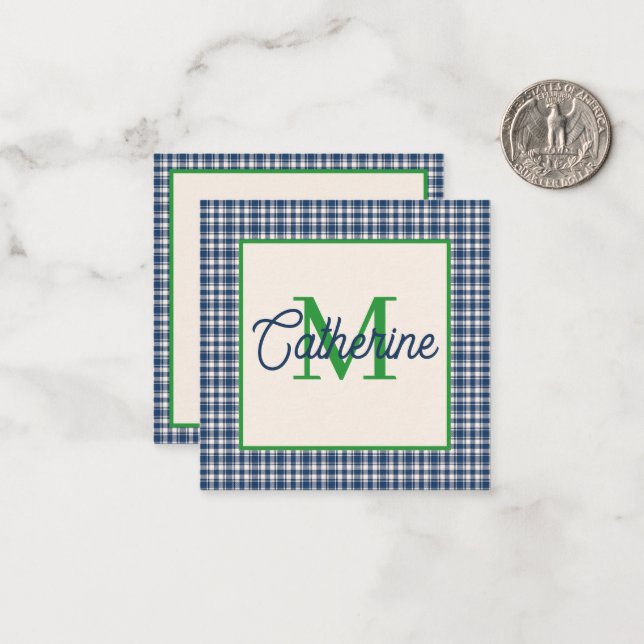 Blue and Green Gingham Plaid Tartan Monogram Card (Front/Back In Situ)