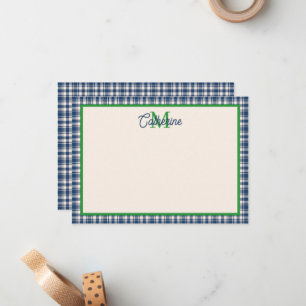 Blue and Green Gingham Plaid Tartan Monogram Card