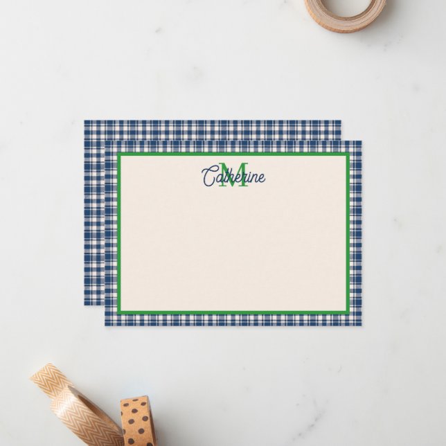 Blue and Green Gingham Plaid Tartan Monogram Card (Front/Back In Situ)