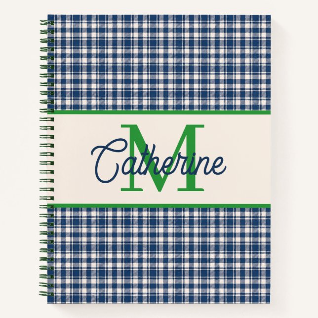 Blue and Green Gingham Plaid Tartan Monogram Notebook (Front)