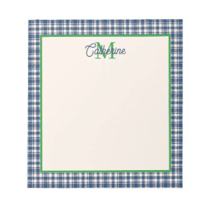 Blue and Green Gingham Plaid Tartan Monogram Notepad