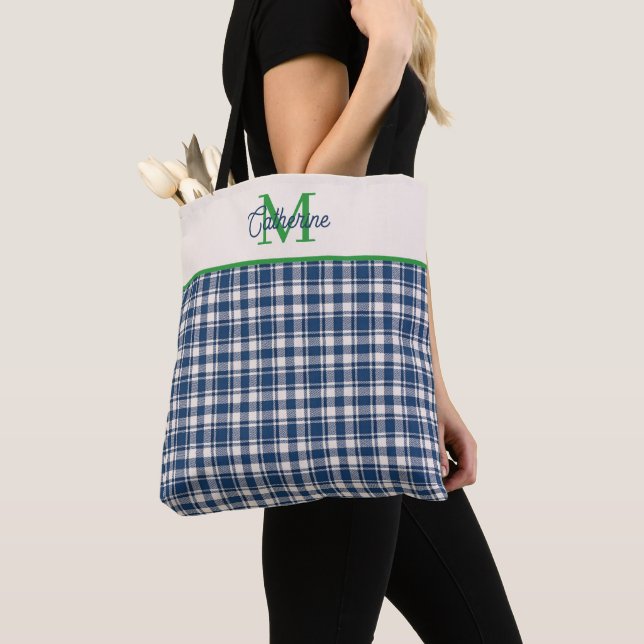 Blue and Green Gingham Plaid Tartan Monogram Tote Bag (Close Up)