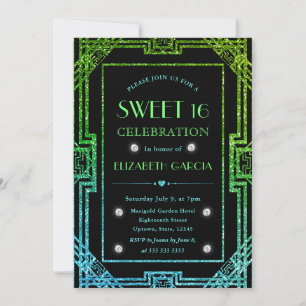 Blue and Green Glitter Art Deco Frame Sweet 16 Invitation