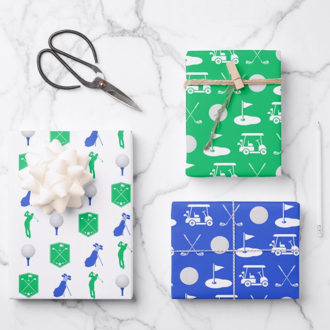 Blue and Green Golf Icons Wrapping Paper Sheet (Front)