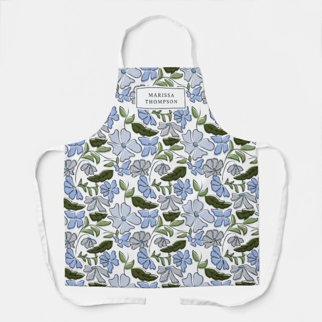 Blue and Green Hand Drawn Floral Block Print Apron (Front)