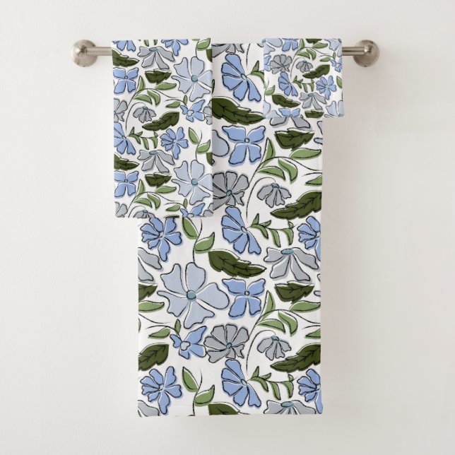 Blue and Green Hand Drawn Floral Block Print Bath Towel Set (Insitu)