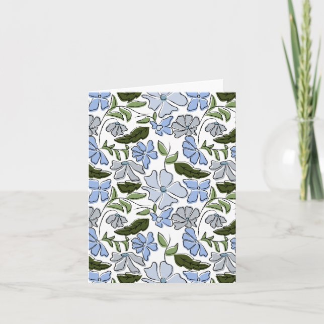 Blue and Green Hand Drawn Floral Block Print Card (Front)