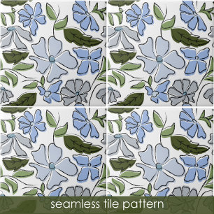 Blue and Green Hand Drawn Floral Block Print Ceramic Tile
