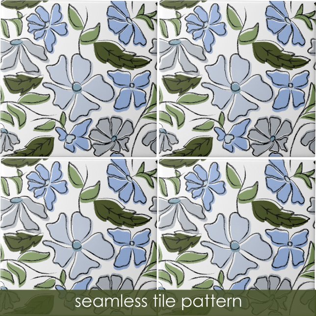 Blue and Green Hand Drawn Floral Block Print Ceramic Tile (Blue and Green Hand Drawn Floral Block Print Ceramic Tile)