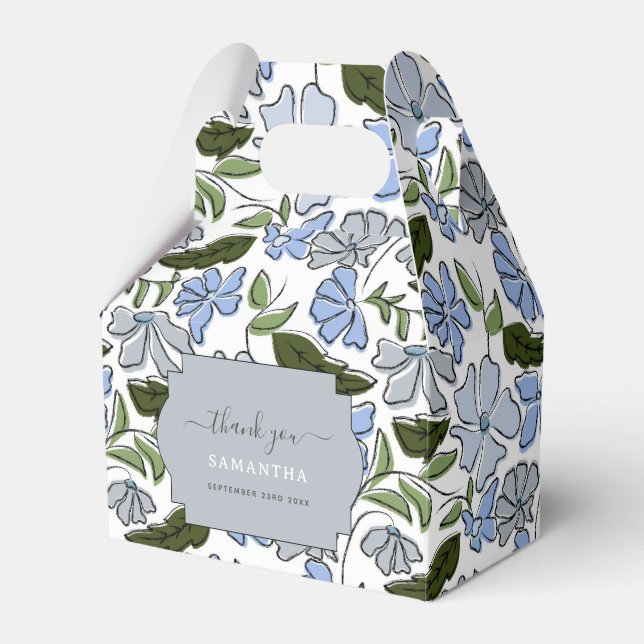 Blue and Green Hand Drawn Floral Block Print Favour Box (Front Side)