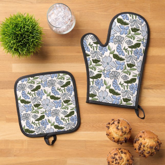 Blue and Green Hand Drawn Floral Block Print Oven Mitt & Pot Holder Set (Top Down)