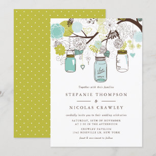 Blue and Green Hanging Mason Jars Wedding Invitation