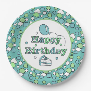 Blue and Green Happy Birthday Paper Plate
