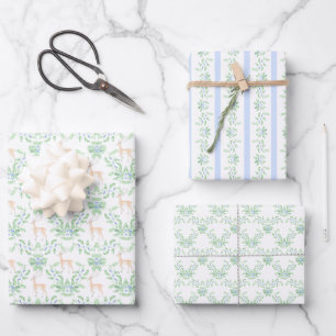 Blue and Green Holly Trellis with Deer Wrapping Paper Sheet