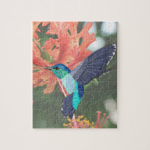 Blue and Green Hummingbird and orange Hibiscus Jigsaw Puzzle
