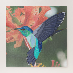 Blue and Green Hummingbird and orange Hibiscus Jigsaw Puzzle
