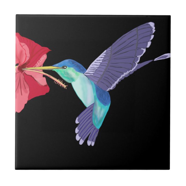 Blue and Green Hummingbird and Red Hibiscus Ceramic Tile (Front)