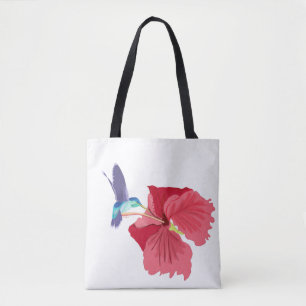 Blue and Green Hummingbird and red Hibiscus Tote Bag