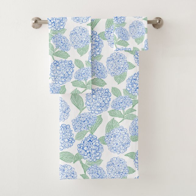 Blue and Green Hydrangea Floral Bath Towel Set (Insitu)