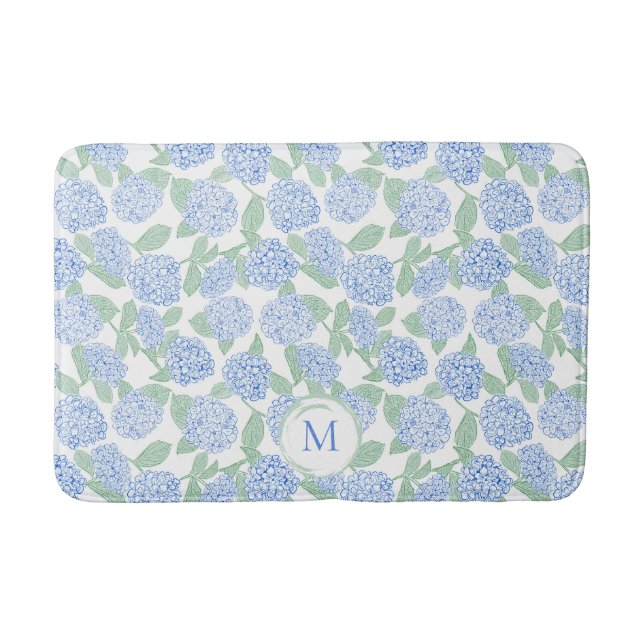 Blue and Green Hydrangea Floral Pattern Monogram Bath Mat (Front)