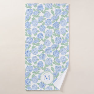 Blue and Green Hydrangea Floral Pattern Monogram Bath Towel