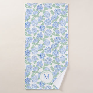 Blue and Green Hydrangea Floral Pattern Monogram Bath Towel